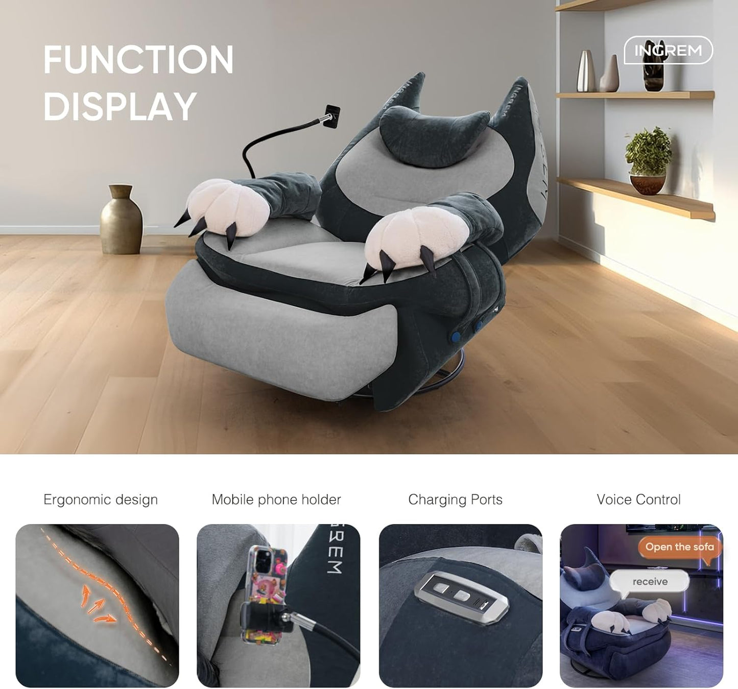 Smart Recliner with Adjustable Settings, Voice-Activated Home Theater Gaming Seat Rocker, Electric Lounge Chair Featuring USB Port ,Phone Holder and Cat Claw Armrest