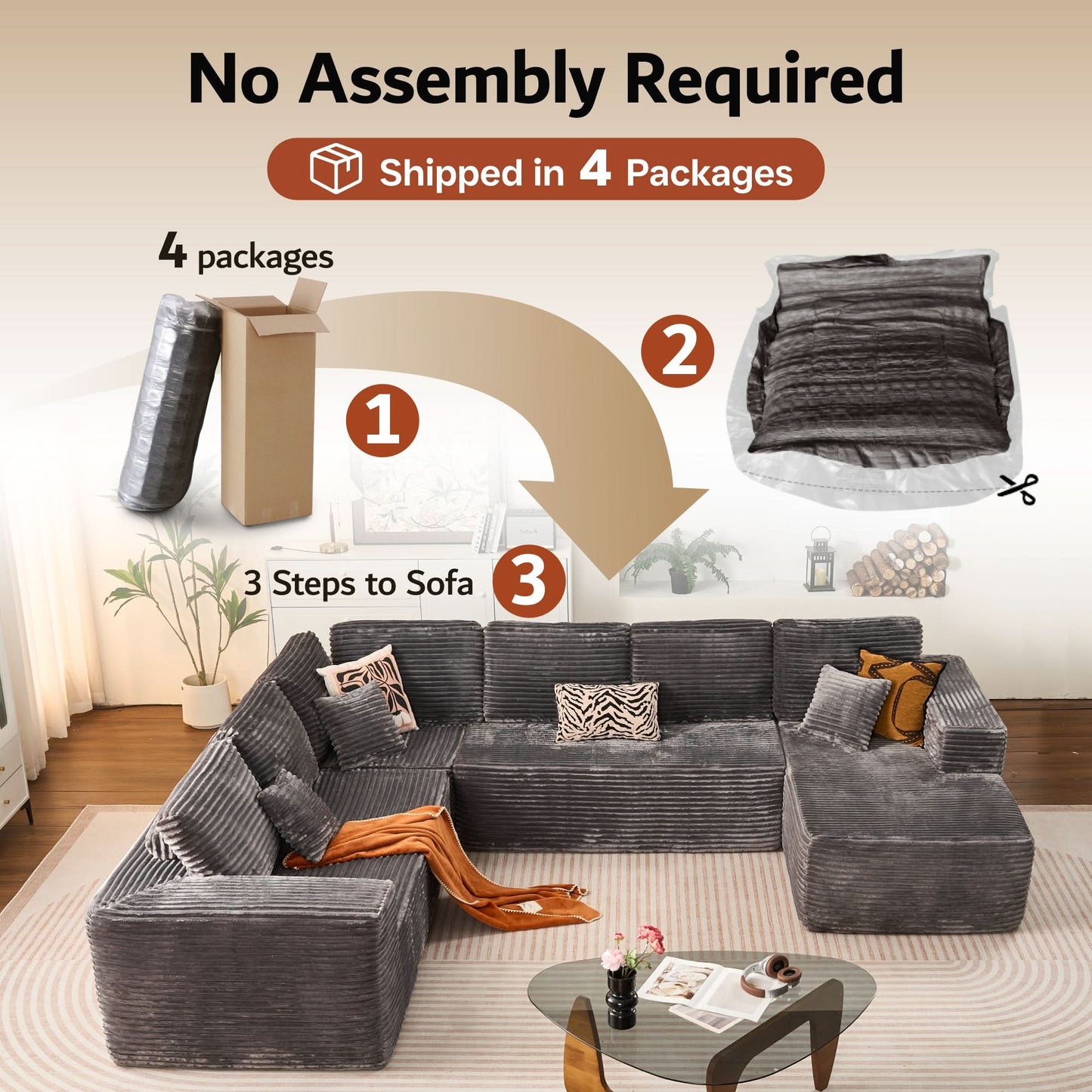 OVIOS Modular Cloud Sofa with Memory Foam & L-Shaped Chaise,Corduroy Fabric Sofa, No Assembly Required