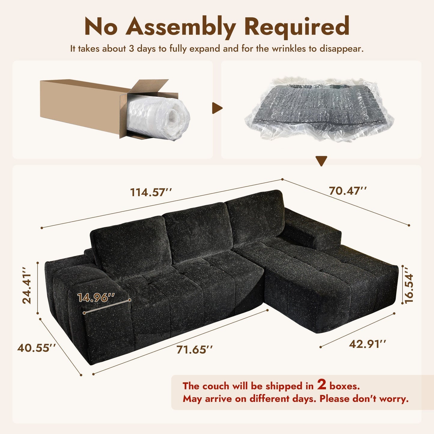 OVIOS 114" Cloud Sectional Sofa - L-Shaped Faux Leather Modular Couch with Deep Seat Chaise