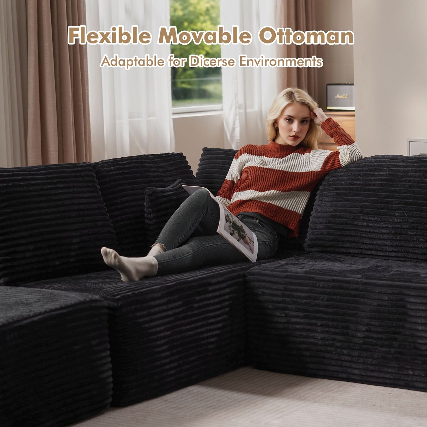 OVIOS Memory Foam Cloud Sofa: Modular L-Shape Chaise in Corduroy Fabric, No Assembly Required