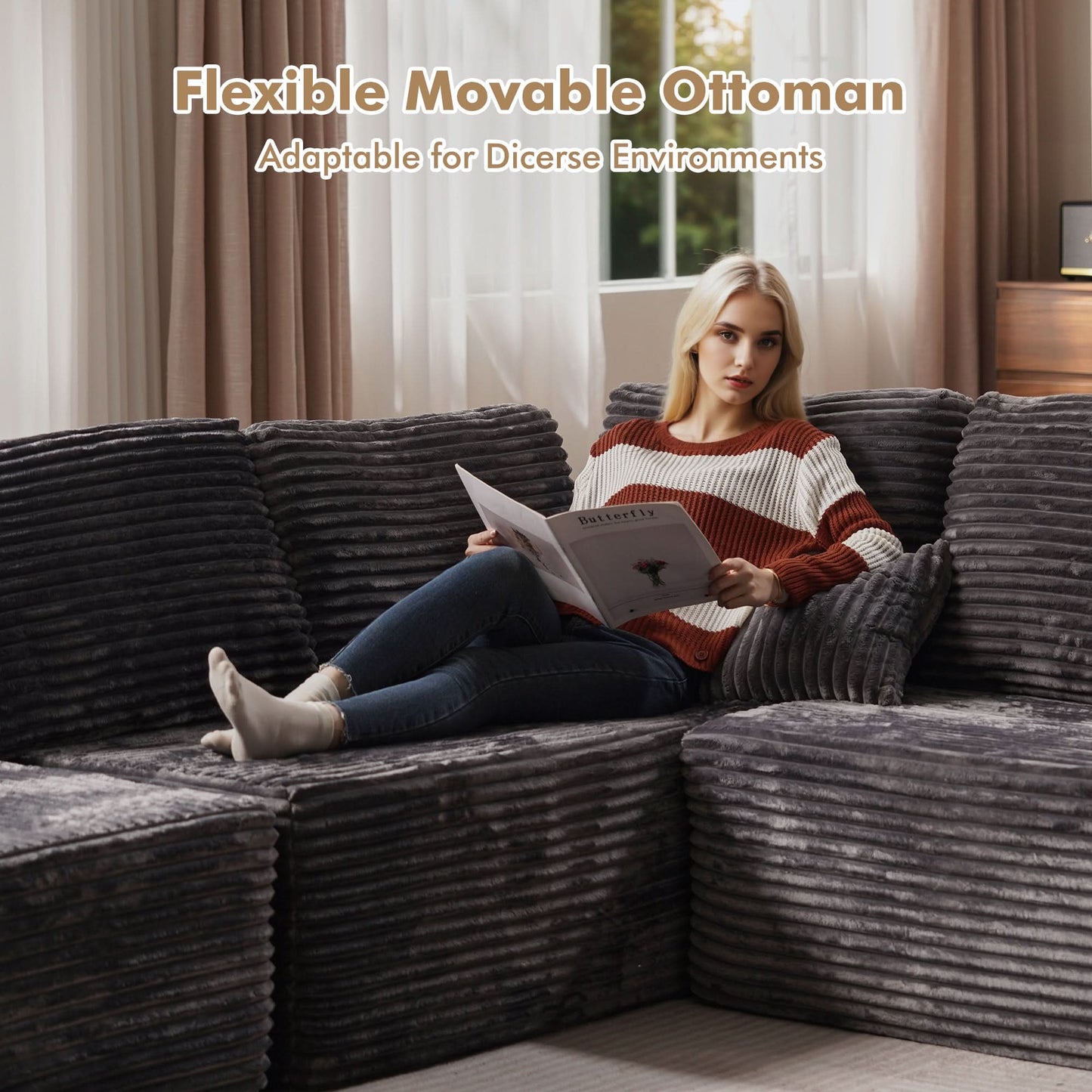 OVIOS Modular Cloud Sofa with Memory Foam & L-Shaped Chaise,Corduroy Fabric Sofa, No Assembly Required