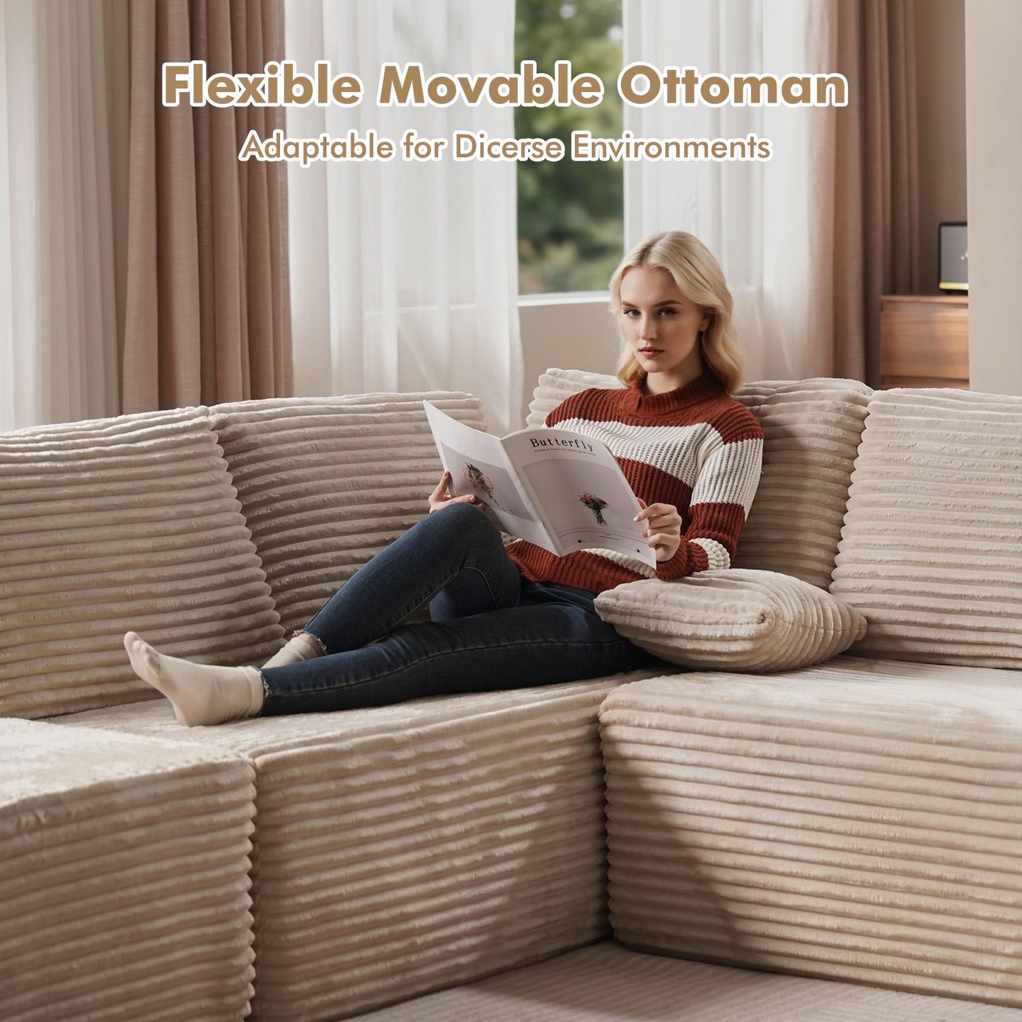 OVIOS Memory Foam Cloud Sofa: Modular L-Shape Chaise in Corduroy Fabric, No Assembly Required
